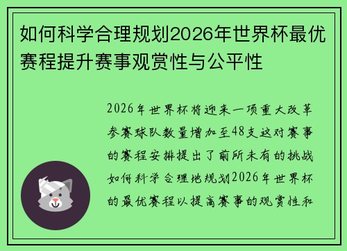 如何科学合理规划2026年世界杯最优赛程提升赛事观赏性与公平性 如何科学合理规划2026年世界杯最优赛程提升赛事观赏性与公平性