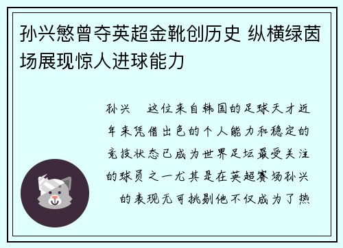 孙兴慜曾夺英超金靴创历史 纵横绿茵场展现惊人进球能力